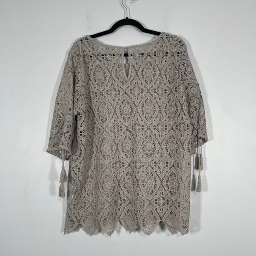 EST 1946 Crochet Lace Blouse Wms Large Gray Tassels Romatic Whimsigoth Boho Top - Picture 4 of 7